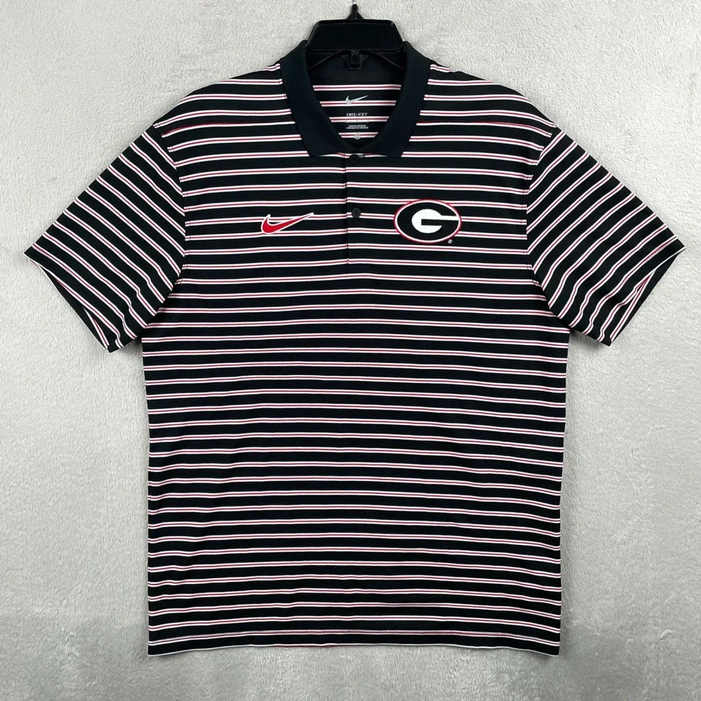 Nike Polo Shirt Mens Medium Black Striped Georgia Bulldogs NCAA UGA Dri-Fit Golf